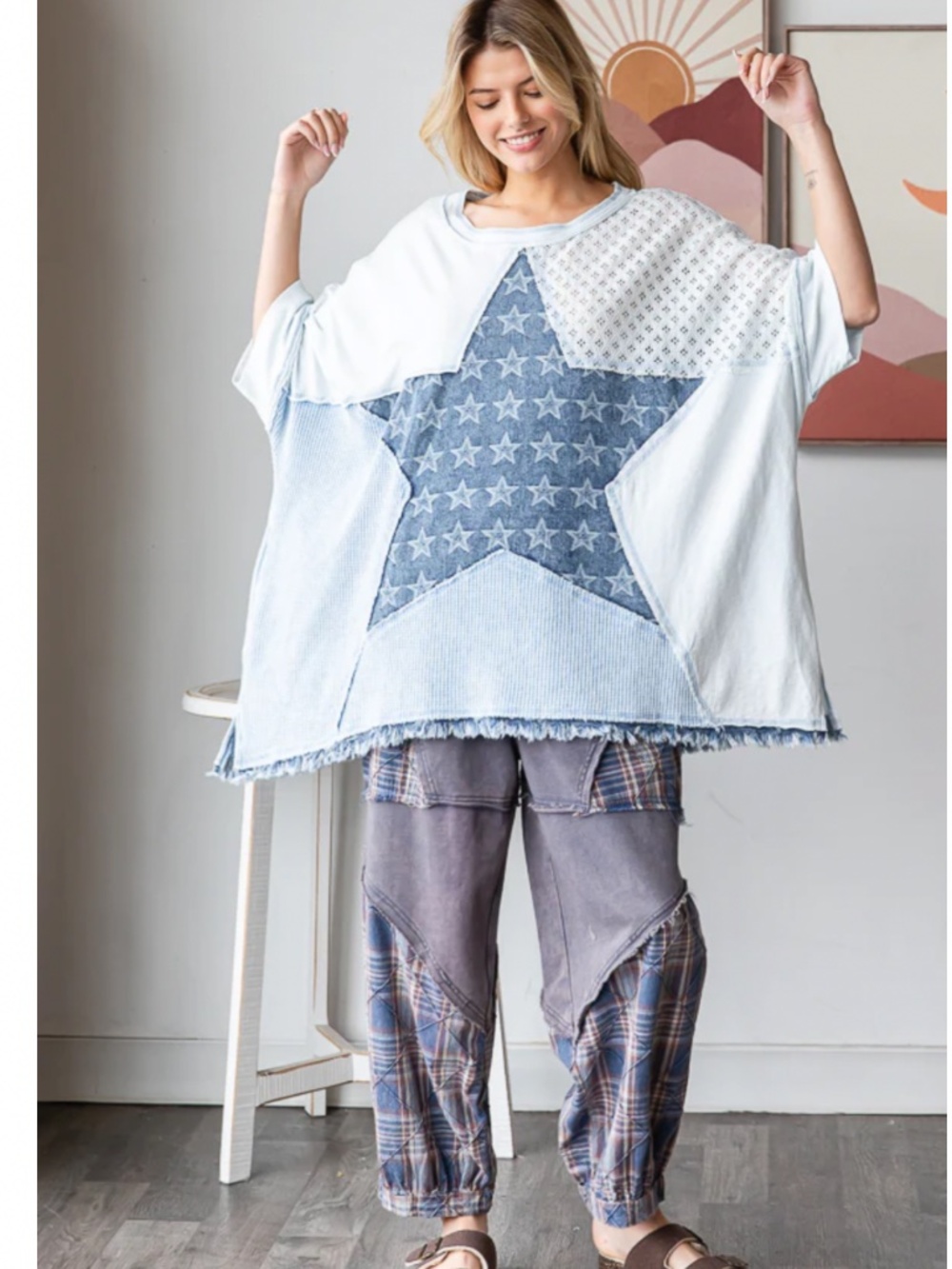 😎 Oli and Hali “ ORLANDO “ Oli & Hali MULTI PRINT PATCHWORK OVERSIZED TOP 60A - Picture 5 of 6